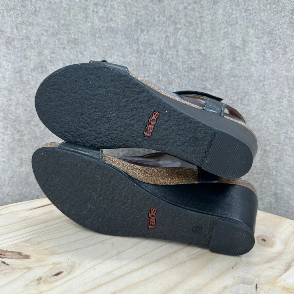 Taos Sheila Wedge Sandals Women 8-8.5 Black Leather T-Strap Cork Footbed Comfort